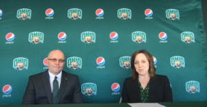 New Head Football Coach Tim Albin and Ohio Athletic Director Julie Cromer at a press conference Thursday, July 15