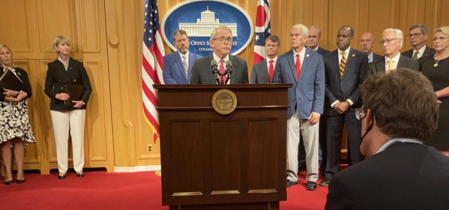 DeWine speaks to reporters at Ohio Statehouse