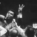 Muhammad Ali talks with the press after winning back the Heavyweight Championship for an unprecedented third time by beating Leon Spinks at the Super Dome in New Orleans, LA. September 15, 1978.