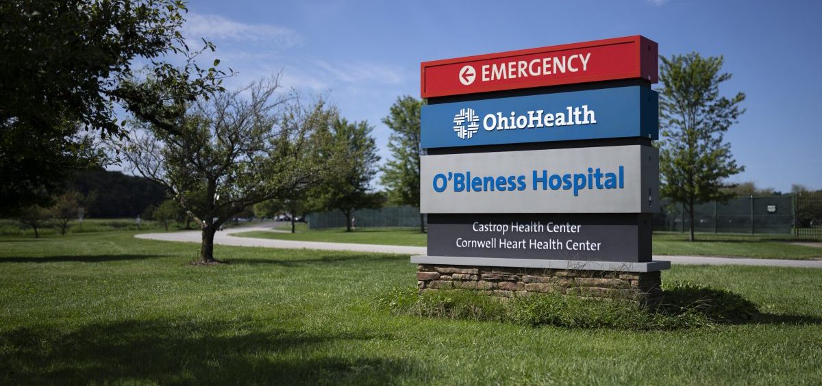 A sign in front of O'Bleness Hospital in Athens, Ohio
