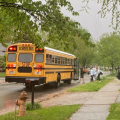 A school bus in suburban Columbus picks up students in September 2020.