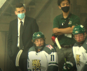 Bobcats Hockey's head coach Lionel Mauron watches from the bench during Ohio's green and white scrimmage on September 18, 2021. 