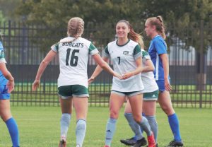 Ohio Soccer's Abby Townsend (16) and Madison Clayton (7) celebrate after Clayton's goal in the first half of the Bobcats' game against Buffalo on September 23, 2021. [Ayden Crowley | WOUB] 