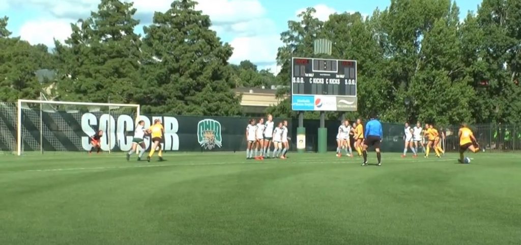 Ohio University women's soccer defends a free kick against Northern Kentucky University on Thursday