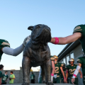 Two Athens players touching a statue of a bulldog