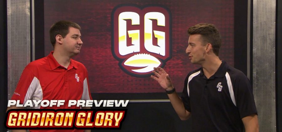 Two reporters stand in front of a screen with Gridiron Glory logo