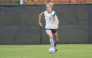 Ohio's Olivia Sensky (3) dribbles the ball up the field in the Bobcats' match with Kent State on Thursday, Oct. 28, 2021. [Alex Michalec | WOUB]