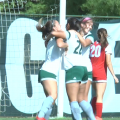 Ohio soccer's Sarina Dirrig (22) celebrates with Olivia Sensky (left) and Madison Clayton (right) following Dirrig's goal against Miami on Oct. 17, 2021.
