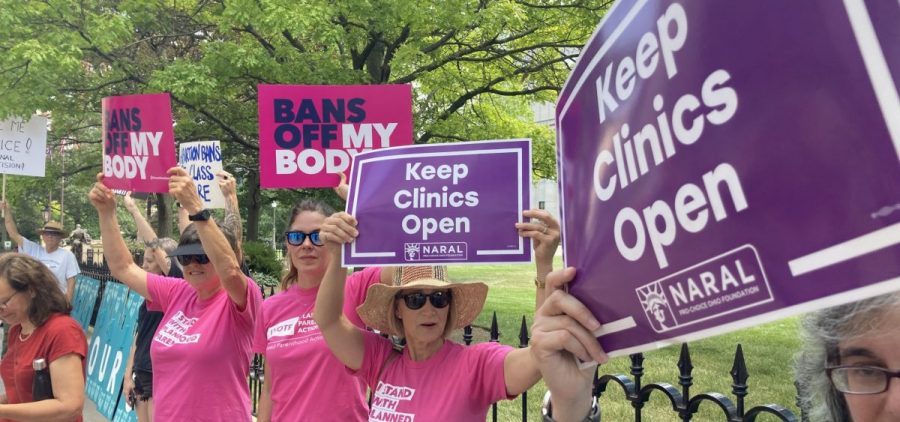 Legal abortion supporters protest outside the Ohio Statehouse