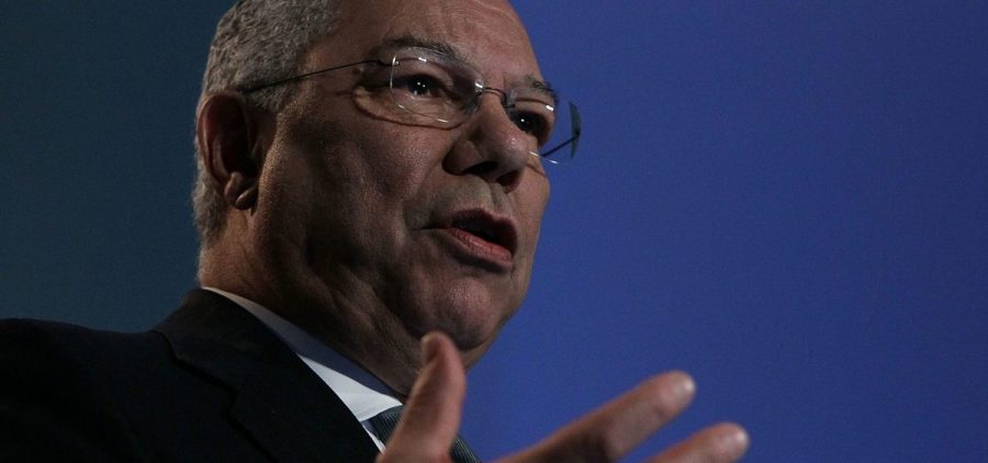 Former Secretary of State and Bloom Energy Board member Colin Powell speaks during a Bloom Energy product launch