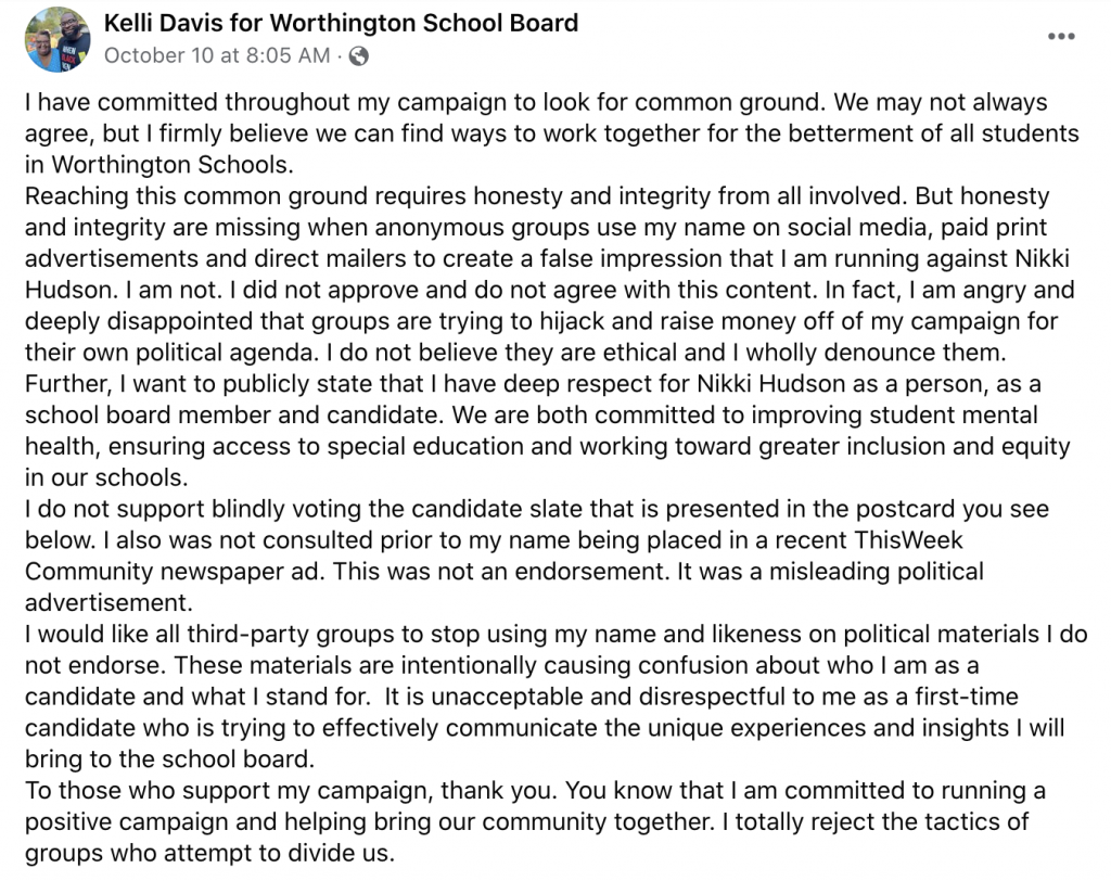 Kelli Davis' public post on Facebook to explain her position on the material being circulated bearing her image and likeness, without her permission