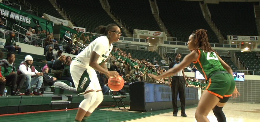 Ohio's Erica Johnson (4) prepares to attempt a three pointer against Florida A&M's Dylan Horton (23) in a game at The Convo on Nov. 29, 2021.