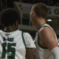 Ohio's Lunden McDay (15), Jason Carter (30) and Ben Vander Plas (5) huddle following a basket in Ohio's game against Robert Morris.