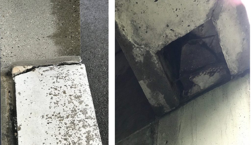 One of the concrete beams supporting the main floor of the fire station on Columbus Road has settle about an inch (photo on left) and the steel support holding it in place is rusting away (photo on right). 