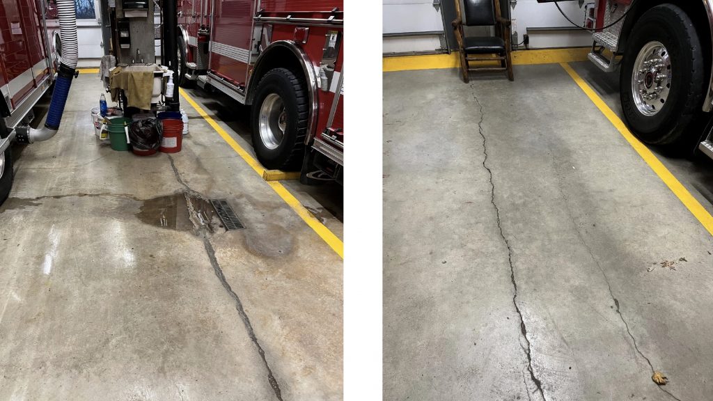 The main floor of the fire station has several large cracks the run along the support beams. One section of the floor has sunk below the level of the drain (left).