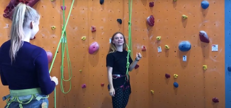 E.W. Scripps Journalism School student Kate Anderson learns rock climbing as a side-benefit of her electronic reporting class