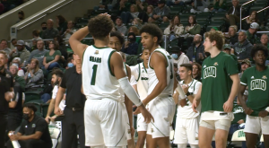 Ohio's Ben Roderick (3) and Mark Sears (1) celebrate following a Roderick bucket in the Bobcats' game against Mount St. Mary's on Monday, Nov. 22, 2021.