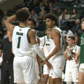 Ohio's Ben Roderick (3) and Mark Sears (1) celebrate following a Roderick bucket in the Bobcats' game against Mount St. Mary's on Monday, Nov. 22, 2021.