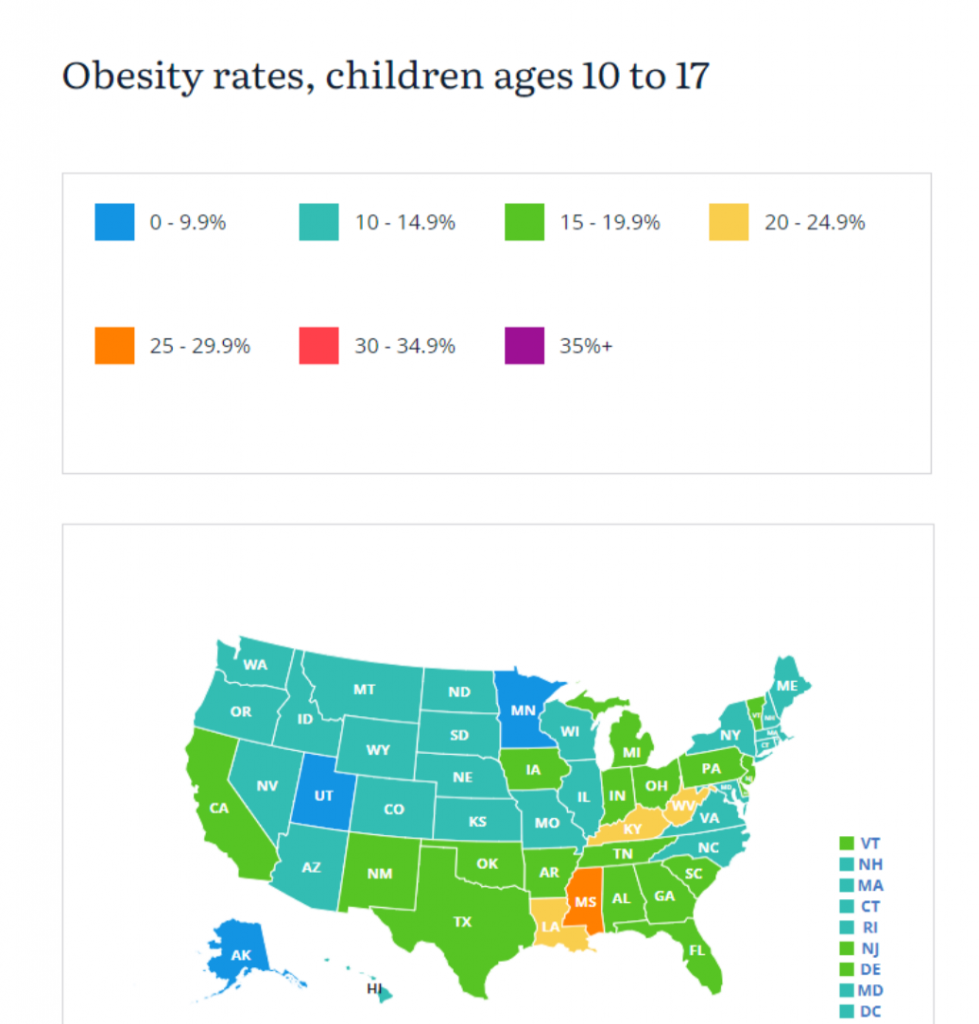 A map shows childhood obesity rates across the country