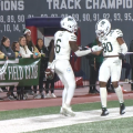 Ohio's Isiah Cox, number six, and Chase Cokley, number eighty, celebrate following a touchdown against Eastern Michigan on Tuesday, Noember 9, 2021.