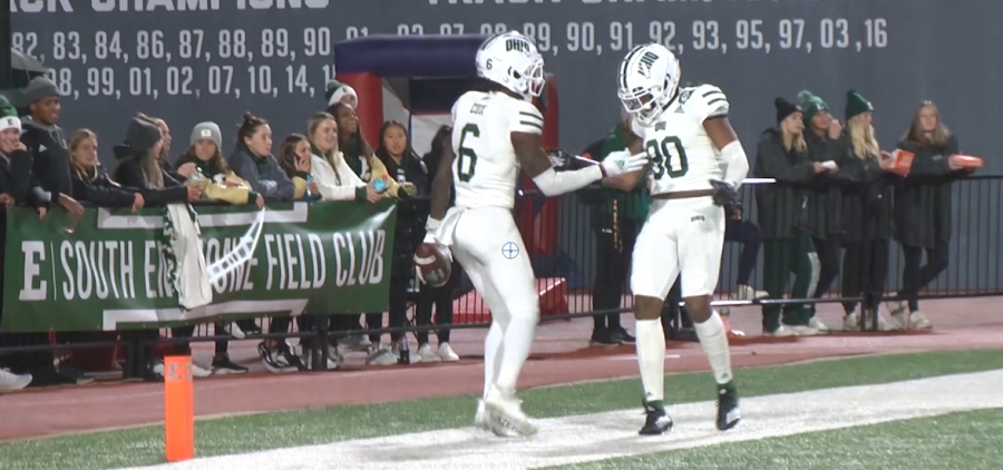 Ohio's Isiah Cox, number six, and Chase Cokley, number eighty, celebrate following a touchdown against Eastern Michigan on Tuesday, Noember 9, 2021.