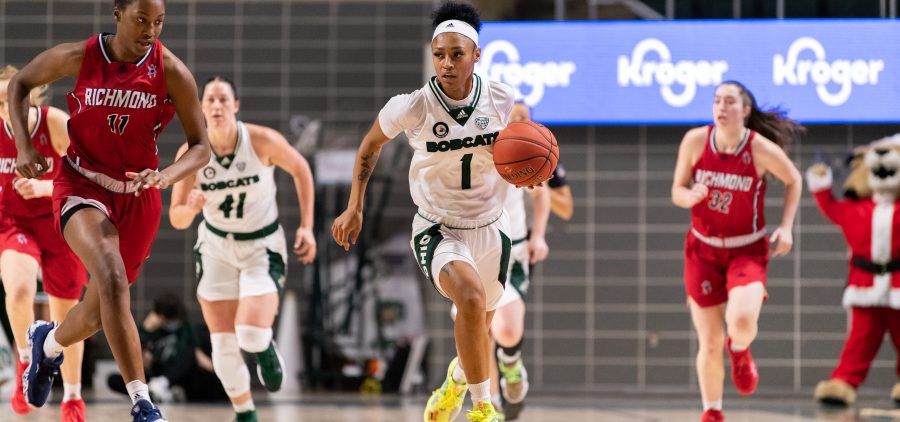 Cece Hooks of the Ohio University Bobcats dribbles the ball down the court toward Richmond's hoop against their game against the Spiders at the Convocation Center on Saturday, Dec. 4, 2021.