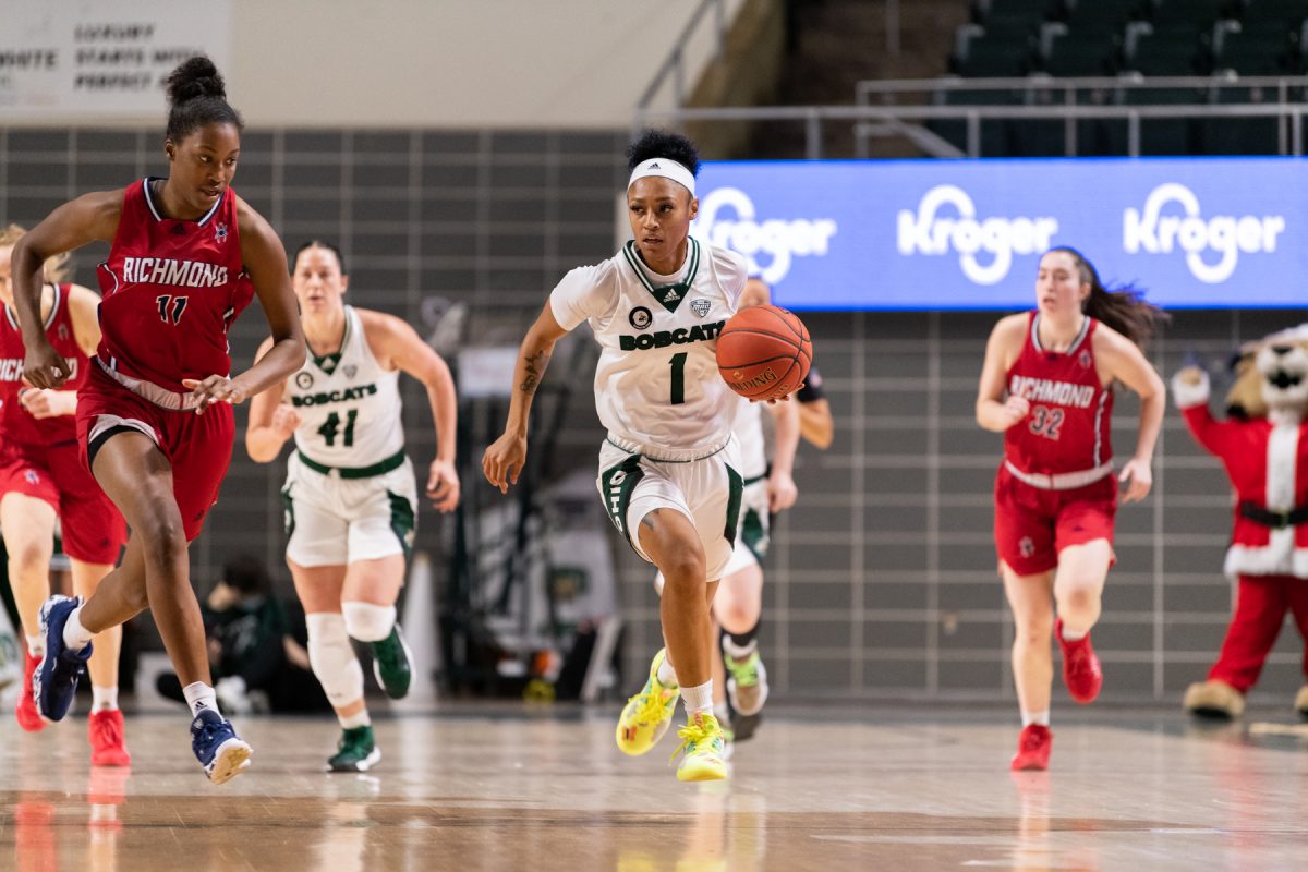 Cece Hooks of the Ohio University Bobcats dribbles the ball down the court toward Richmond's hoop against their game against the Spiders at the Convocation Center on Saturday, Dec. 4, 2021.
