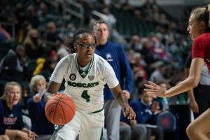Ohio University guard Erica Johnson, left, drives to the net during the school’s game against The University of Richmond, in Athens, Ohio, on Saturday, Dec. 4, 2021. Ohio University went on to win 98-89. [Joseph Scheller | WOUB]