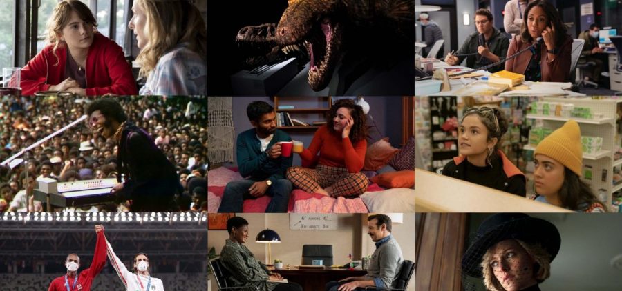 Stills from (L-R): CODA, The Morning Show, Summer of Soul, Starstruck, Plan B, the Olympics, Ted Lasso, and Spencer.
