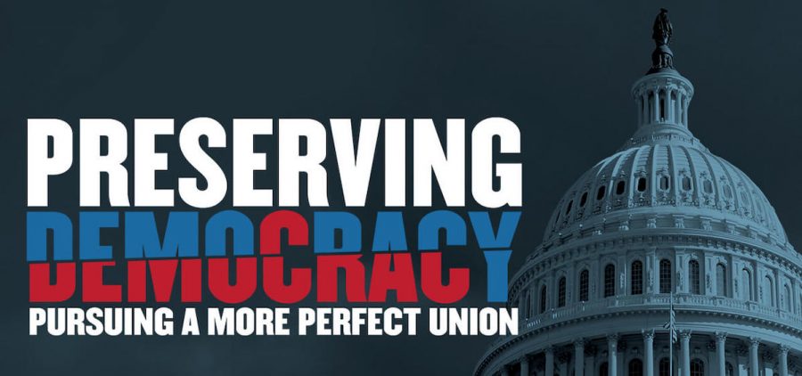 Title slide of "PRESERVING DEMOCRACY: Pursuing a More Perfect Union" over US capital rotunda