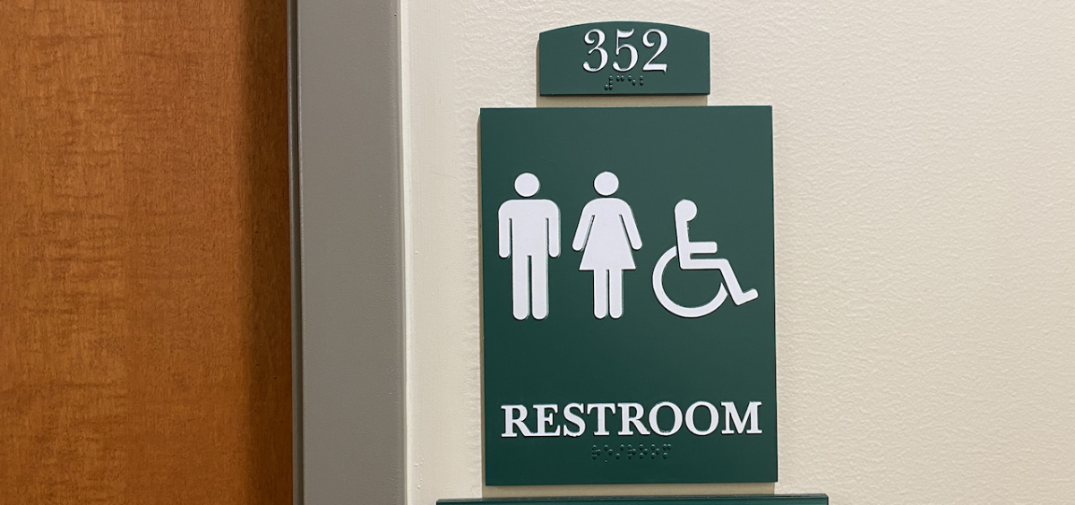 A single-use restroom sign in Baker University Center.