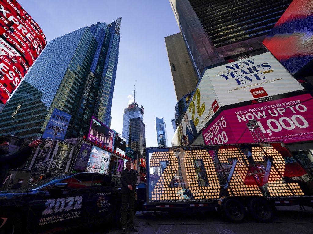 The 2022 sign that will be lit on top of a building on New Year's Eve is displayed in Times Square, New York