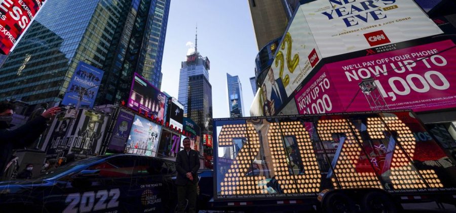 The 2022 sign that will be lit on top of a building on New Year's Eve is displayed in Times Square, New York