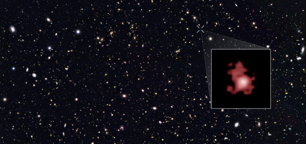 This image shows the position of the most distant galaxy discovered so far within a deep sky Hubble Space Telescope survey called GOODS North