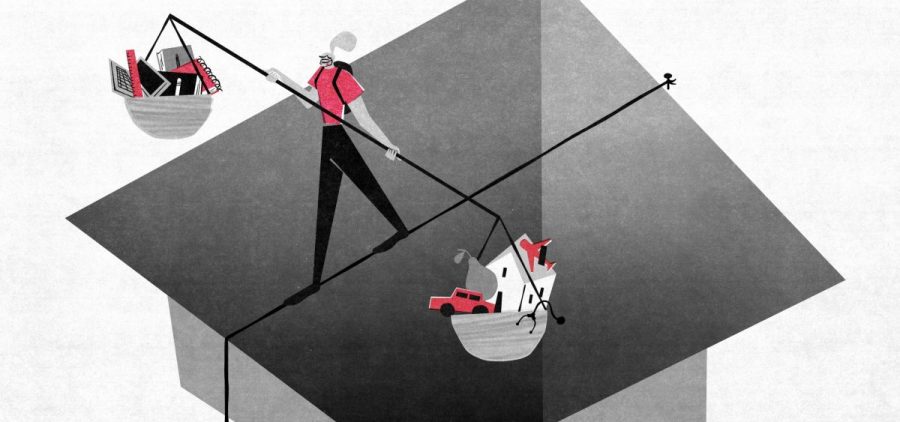 A graduate walks a tightrope balancing life's responsibilities.