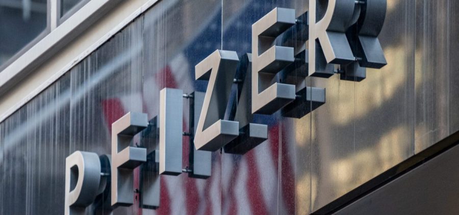 A pfizer sign outside of headquarters