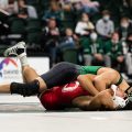 Oscar Sanchez of Ohio University attempts to pin Hale Robinson of Davidson College at the Convocation Center in Athens, Ohio, on Sunday, Jan. 23, 2022. [Alex Eicher | WOUB]
