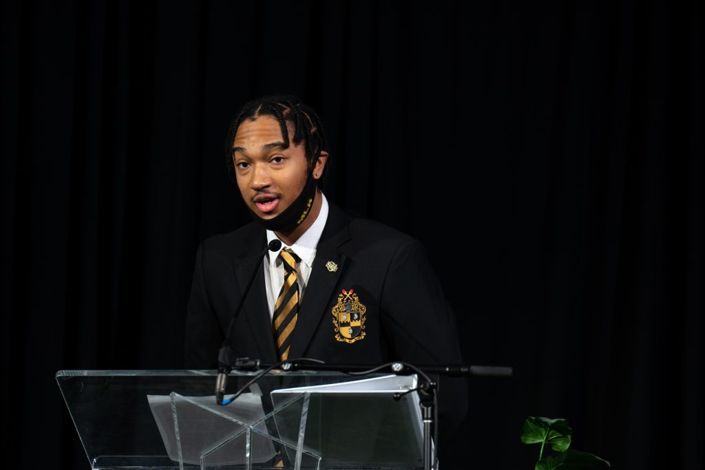 Je’Sean Williams, a member of the Alpha Phi Alpha fraternity and a sponsor of the event, speaks to attendees at a brunch honoring Martin Luther King Jr., in Athens, Ohio, on Saturday, Jan. 22, 2022. [Joseph Scheller | WOUB]
