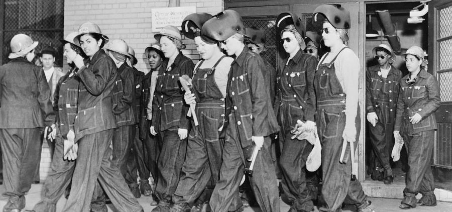 Women welders on the way to their job, circa 1943.