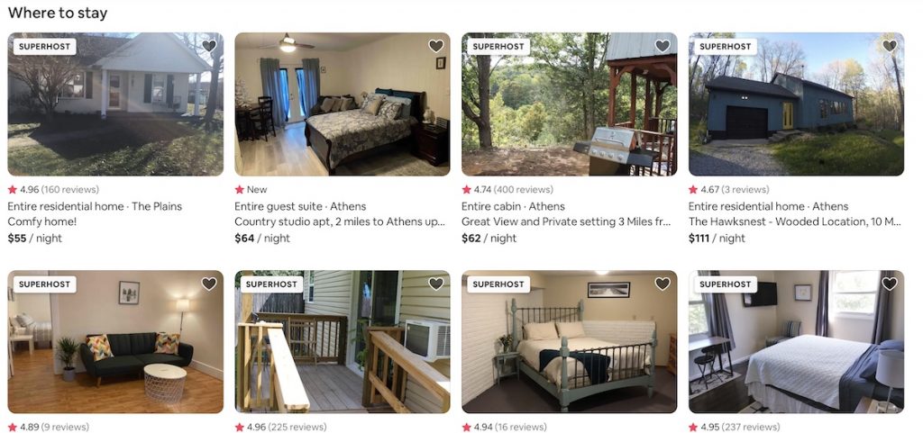 A screenshot shows Airbnb listings of athens rental properties
