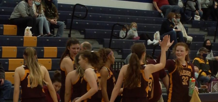 Meigs Lady Marauders high-fiving on sidelines