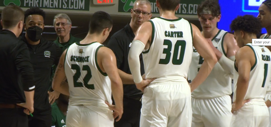 Ohio Men's Basketball head coach Jeff Boals talks to his team during the Bobcats' game against Toledo on Jan. 21, 2022 at the Convocation Center.