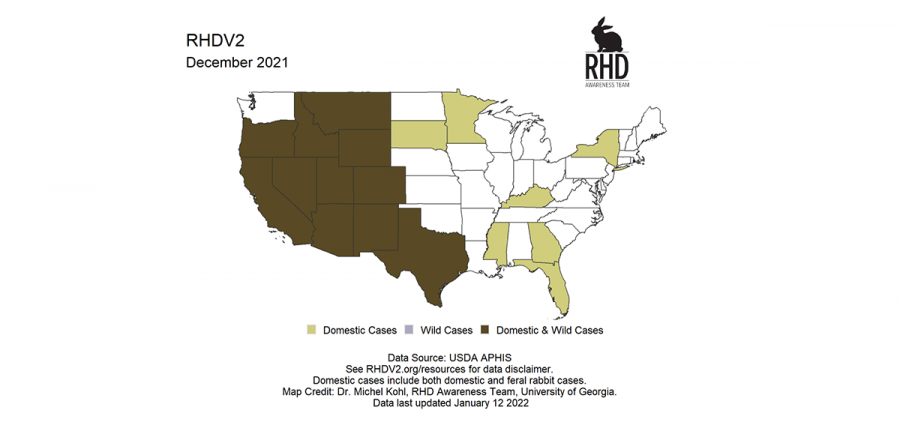 A map shows the spread of RHDV2 in America