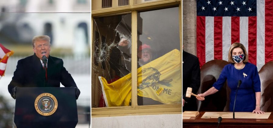 Left to right: President Donald Trump speaks at the "Stop The Steal" Rally. A member of a pro-Trump mob shatters a window with his fist from inside the Capitol Building after breaking in. House Speaker Nancy Pelosi presides over a joint session of Congress to certify the 2020 Electoral College.
