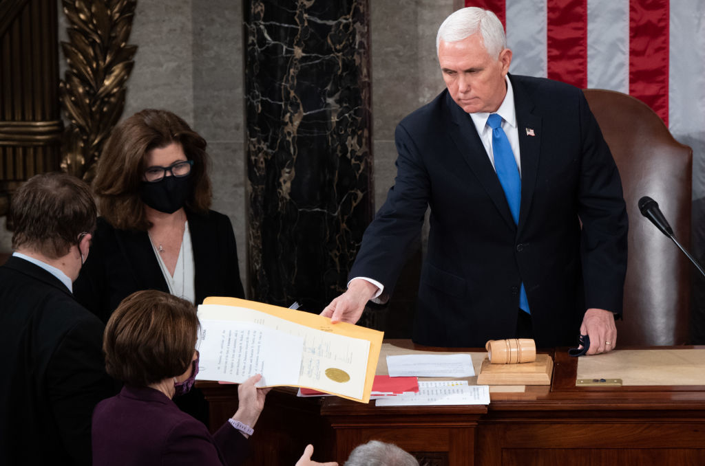 Vice President Mike Pence presides over a joint session of Congress on Jan. 06, 2021.