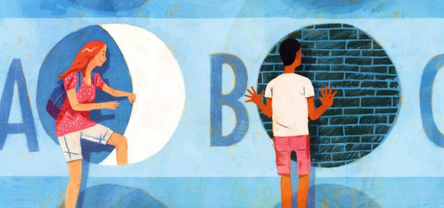 A illustration shows two students trying to step through to higher learning but one is blocked by a brick wall.