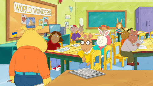 Arthur character Binky talking to classmates