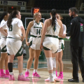 Ohio women's basketball head coach Bob Boldon talks to the players Gabby Burris, Kaylee Bambule, Cece Hooks, Kate Dennis and Madi Mace during a timeout in the third quarter of the Bobcats' game against Toledo on Feb. 16, 2022.