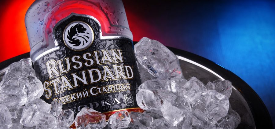 A bottle of Russian Standard vodka in an ice bucket