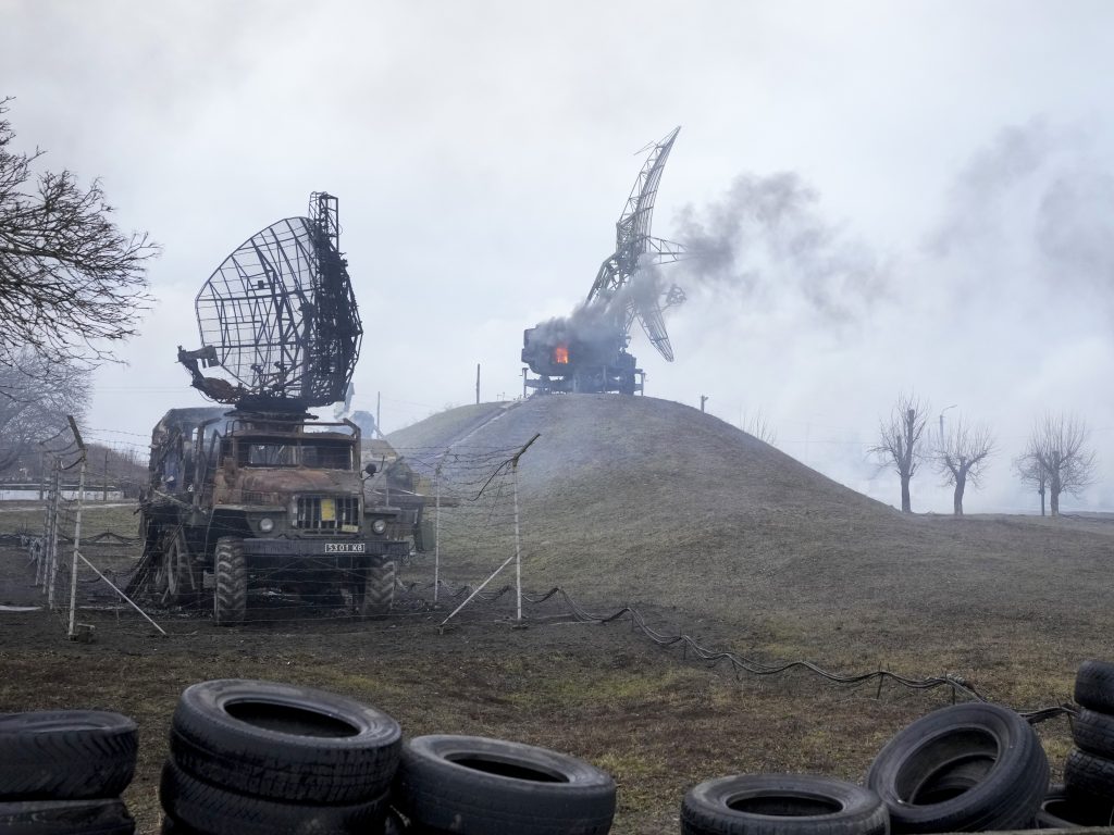 Damaged radar arrays and other equipment is seen at a Ukrainian military facility outside Mariupol, Ukraine on Thursday.